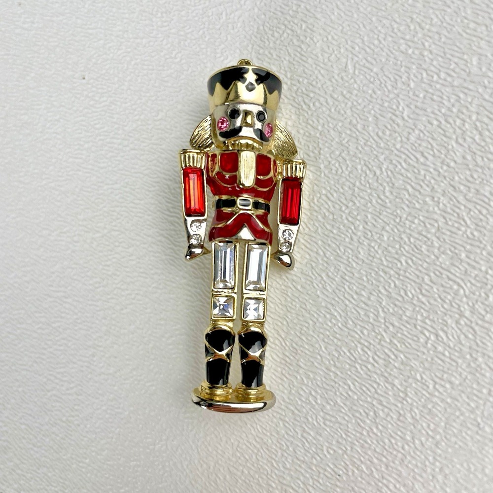 Monet Nutcracker Soldier Brooch Red Rhinestone Christmas Pin Gold Tone Vintage